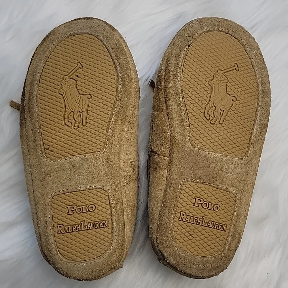 POLO RALPH LAUREN Tan Suede Shearling Preppy Loungewear Boho Moccasin Slippers‎